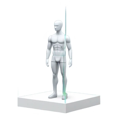male mannequin abs cubes inside a glass cube on a stand isometric view sticker