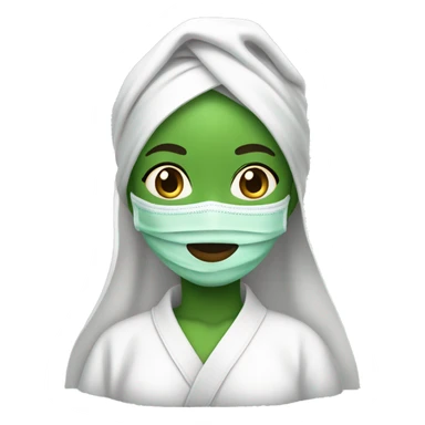 Girl with green face mask and a white robe and white towel on head sticker