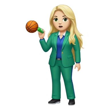 Full Body white plus size female basketball head coach using a whistle with long blonde hair in a blue and green suit sticker