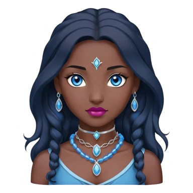 katara avatar native with blue eyes, dark skin, long wavy dark black hair, sapphire on choker necklace, dark pink neutral lipstick sticker