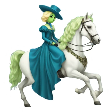 "galora green blonde alien woman" in blue Victorian dress elegant, full body, on white horse sticker