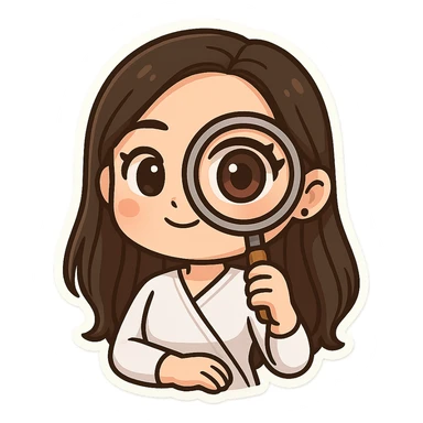 Create a chibi sticker of the girl from the previous successful bitmoji chibi stickers, looking at us through a magnifying glass, with part of her face and eye enlarged in the glass. She has long hair, the same face and style, with a white outline and transparent background. sticker