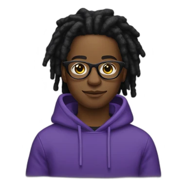 Single young Black digital creator with glasses and black locs and purple sweatshirt sticker