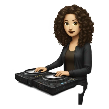 White woman with long dark brown curly hair DJing sticker
