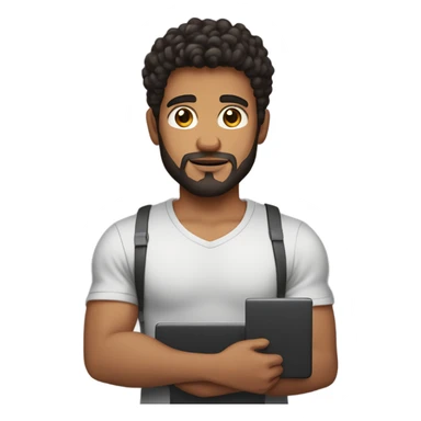 men holding his computer in hands. light brown skin men with curly black hair, dark brown eyes, little grown beard. little bit muscular. dressed casual. round face. sticker