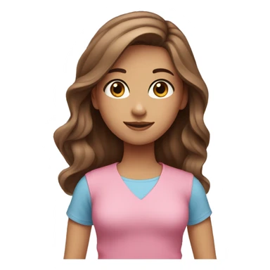 A girl with grey blue eyes, and long brown hair, and a middle part, and pink shirt sticker
