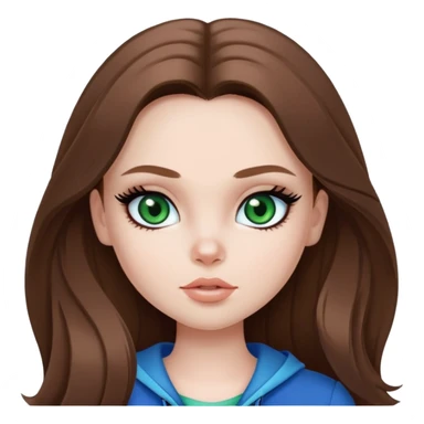 pretty bratz girl, long brown hair, green eyes, black eyeliner, pale skin, blue style sticker