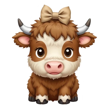 brown fluffy baby scottish cow with a small bow on head beige sticker