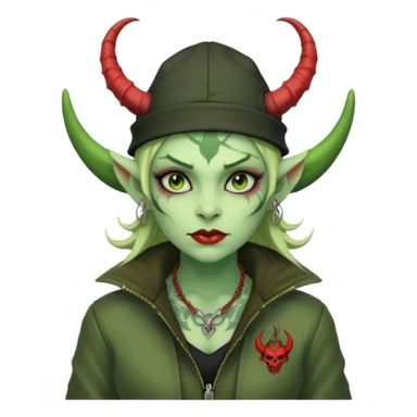 green girl demon with tattoos, hat, jacket and horns sticker