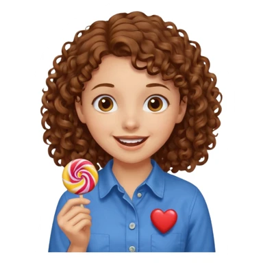 girl with brown curly hair in a blue button-up shirt loving candy excited sticker