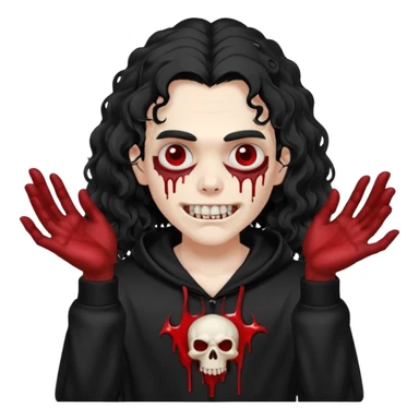 Vampire wearing a black hoodie with a skull logo on it, long curly hair that covers the forehead, fanged teeth and blood on hands sticker