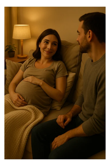 Vertical format, pregnant wife resting on couch, watching husband, peaceful home. Version 1. sticker