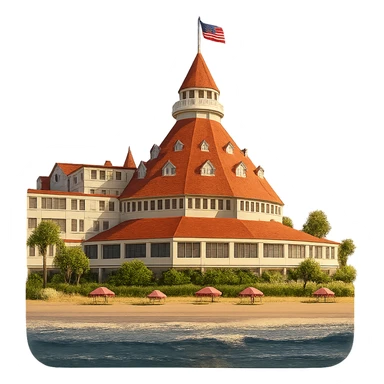 cinematic, realistic emoji of the landmark beachfront Hotel Del Coronado in San Diego, viewed from the ocean, showing the hotel and its beach, with majestic, ornate architecture, lifelike detail, bright regal lighting as on a sunny day, building in accurate shade of white, roof tiles in accurate orange color sticker