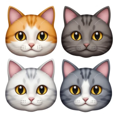 4 different coloured short haired cats including; a dark brown tabby and white cat, and a dark grey and white  sticker