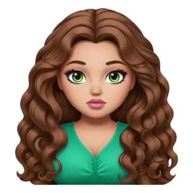  long brown wavy hair, light skin, green eyes, pretty bratz baddie, big plus size , black eyeliner, blush,  sticker