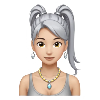 Female with very long + big Silver Necklace, grey skin,ponytail hair, more bright silver,highlight necklace, different expressions. sticker