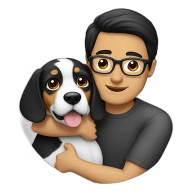 A man with black-hair and glasses hugging a beagle sticker