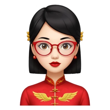 an oriental lady in a red cheongsam, red lipstick, winged eyeliner, fair light pinkish skin, small nose, thick sensual lips, average build, transparent glasses, mid-length black hair sticker