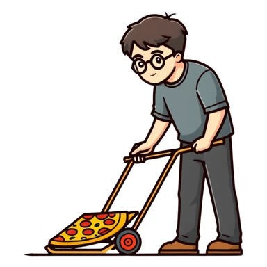 Harry Potter mowing the lawn with a pizza slice sticker
