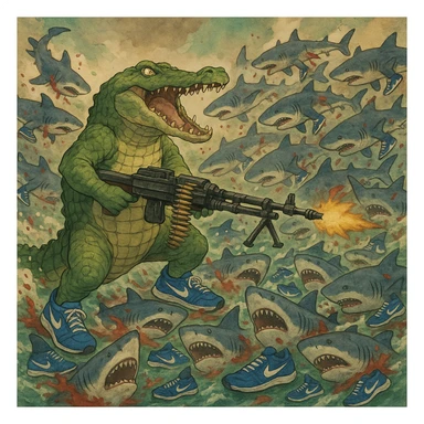 1 crocodile take m60 vs 20,000 shark They wear shoes Nike blue and crocodile killing all sharks  shoes Nike blue and crocodile wins sticker