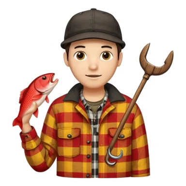 vit Ung man med svart keps röd gul rutig flanellskjorta hållandes en brun båtshake med hängande jättestor torsk sticker