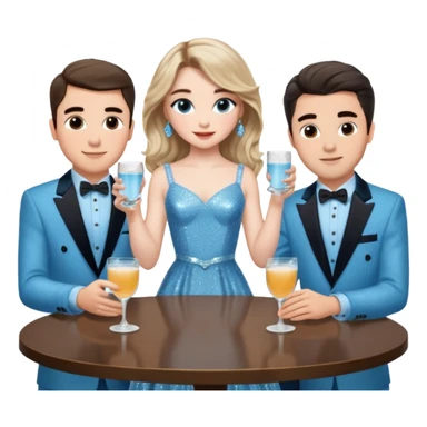 Sabrina’s carpenter in a light blue sparkly dress at a table with 3 handsome men facing each other and she is standing up putting her hand out. There are drinks on the table  sticker