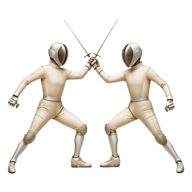 Two fencers in symmetrical stances, with crossed épées in front of them. Their forms are elegant and precise, showcasing the balance and strategy of fencing. The background features a blurred fencing piste, with subtle motion lines to emphasize the elegance and speed of the sport. sticker