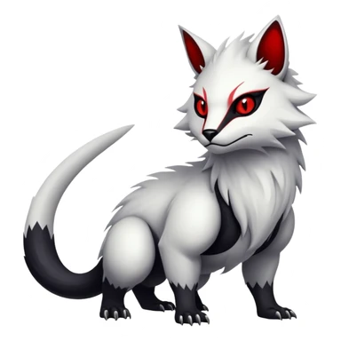 a white exotic edgy vernid-fionbr-Fakémon-creature, with black belly and red eyes, full body sticker