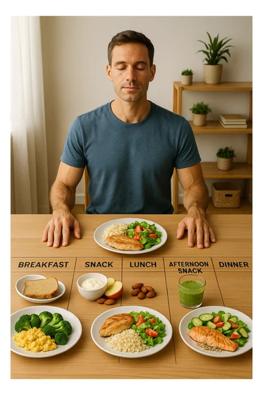 Uomo sereno con fisico sano e asciutto seduto davanti a un grande tavolo diviso in 5 sezioni, ognuna con un pasto bilanciato: colazione, spuntino, pranzo, merenda, cena. Ogni piatto ha porzioni equilibrate di proteine, carboidrati e grassi salutari. Ambiente ordinato, stile di vita sano, luce naturale, atmosfera di consapevolezza nutrizionale. sticker