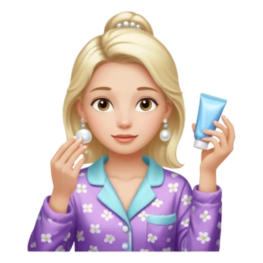 Clean girl aesthetic emoticons, apply skincare products, pearl earrings, glowing skin, pajamas, soft lighting sticker