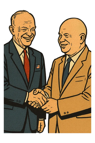 US President Eisenhower wearing a suit with a US badge on the chest shaking hands with Soviet leader Khrushchev and smiling sticker