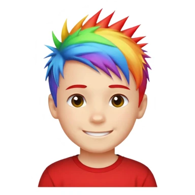 Boy with rainbow streaks — short spiky hair glowing under light, red T-shirt sticker