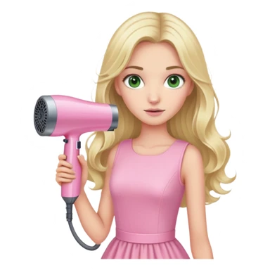 blonde girl with long hair and swamp green eyes, wearing a pink pastel dress, holding a pink Dyson hair dryer sticker