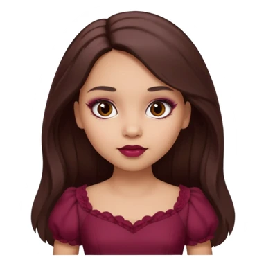 a light skin girl with long brunette hair. with dark brown eyes and slightly slanted. wear a doll like make-up with maroon dress.  sticker