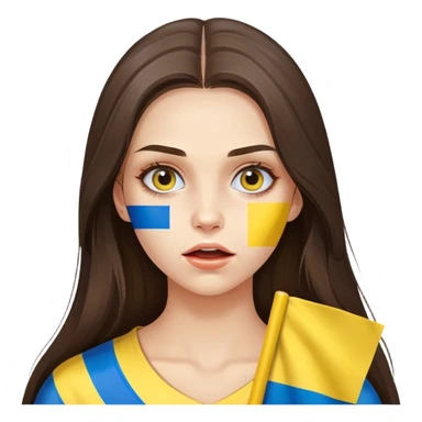 Brunette woman with long hair, Ukrainian flag (blue and yellow) painted on her cheek, surprised expression sticker