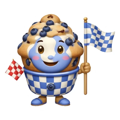 smiling blueberry muffin holding a small checkered flag sticker
