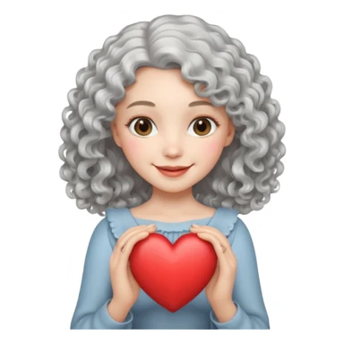 silvery curly/wavy shoulder-length hair smiling lady holding a heart but finer hair sticker