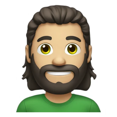 a white guy with dark brown long hair green eye beard black tshirt thumb up sticker