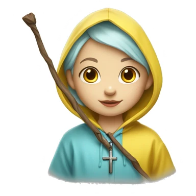 Cute little girl with light blue hair wearing a yellow raincoat hood up with white skin and short hair with cross necklace holding a staff sticker