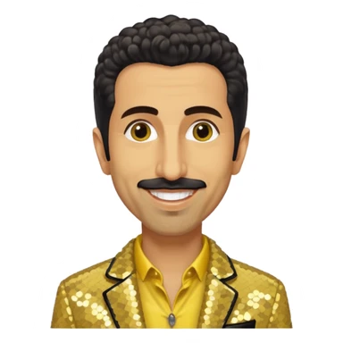 Serj Tankian with ivory sequin jacket, yellow shirt sticker