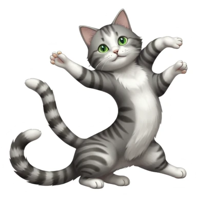 grey and white cat with green eyes doing a big extremely long stretch reaching up into the air with arms and legs side by side together straight and overextended whilst lying on its side sticker