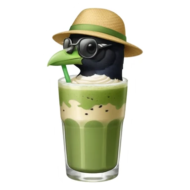 It’s an Australien Magpie sitting on an iced matcha latte on the edge of the glass. It has green matcha on its beak indicating it drank. The iced matxha latte is in a see through glass and white from the oat milk on the bottom and green on top…and there is a straw in the drink and ice cubes sticker