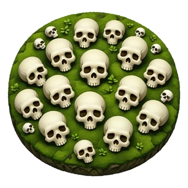 A creepy moss covered ground with skulls from a top down perspective. In the style of your bleeding skull art. In a realistic style covering the whole screen with little tint skulls sticker