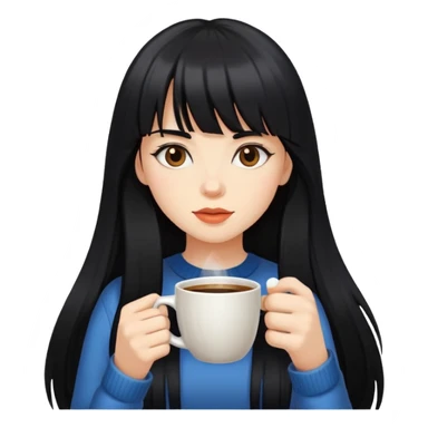 A girl with long black hair and bangs drinking coffee sticker