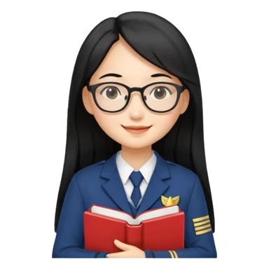 A student, asian girl, long black hair, wearing glasses, uniform, hold book in front of their chest sticker