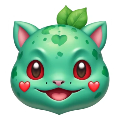 cute Bulbasaur Pokémon, rednote emoji style, winking face, heart-shaped decorations, joyful look, green and teal tones sticker