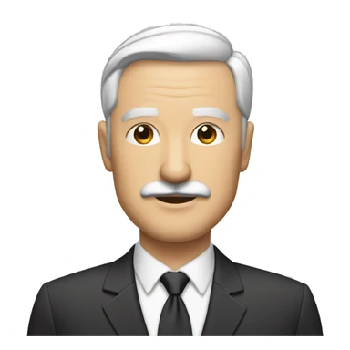 Mature, bald, white man, small beard and mustache, suit, black hair, medium nose sticker