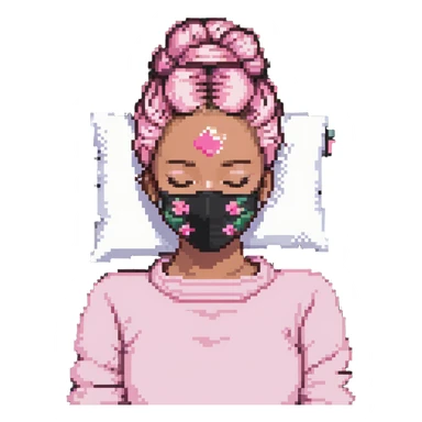Pixel art girl sleeping with pink beauty face mask, hair in messy bun, self care sticker