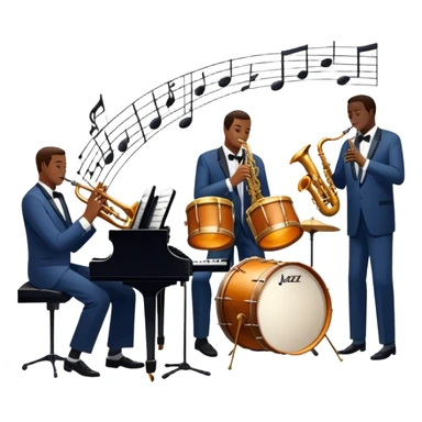 Icon for Jazz Music: The Jazz Messengers, featuring a dynamic composition with Art Blakey on drums and musicians playing saxophone, trumpet, and piano. Musical notes and a warm jazz club atmosphere emphasize the vibrant hard bop style. Transparent background. sticker