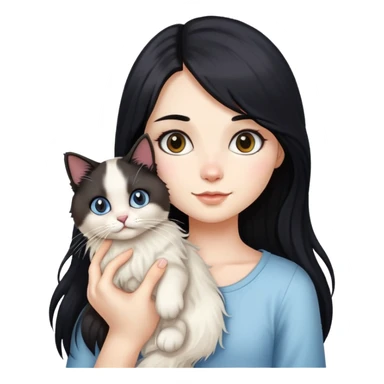 A girl with long black hair holding a cute ragdoll cat sticker
